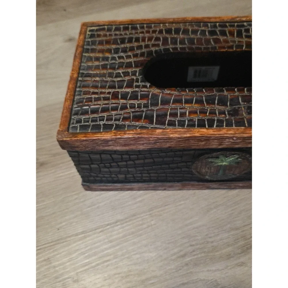 Tissue Box Cover,decorative  heavy man made composite, brown, palm tree on front